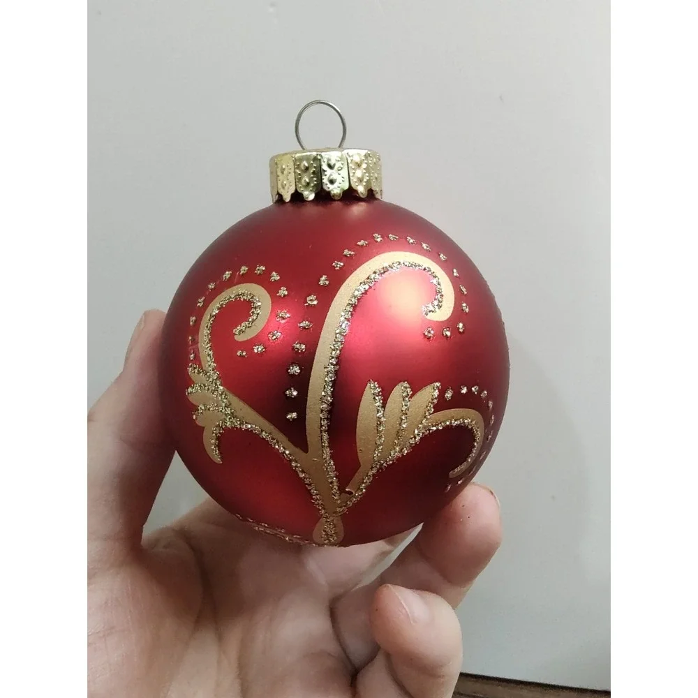 G&B Red Glass Ball Christmas Ornament Lot Of 2 Gold Glitter Scroll Pattern A17
